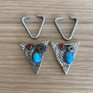 Vintage Mexican Silver Tone Collar Tips With Blue/Red Cabochon